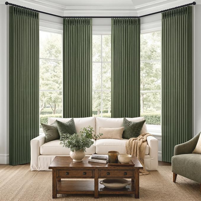 Linen Pinch Pleated 84 Inch Sliding Door Curtains 4 Panels Set, Olive Green Memory Trained Semi Sheer Light Filtering Living Room Drapes Loden Neutral Window Curtain 84 Inches Long Back Tab 40"Wx84"L