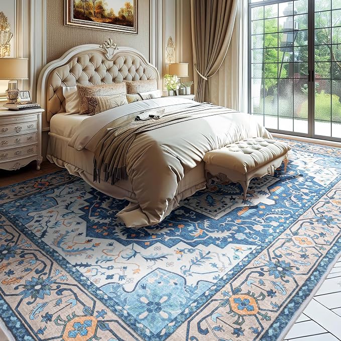 Lessymo Area Rugs 9x12 Living Room, Large Area Rug Machine Washable Area Rug for Bedroom Living Room, Vintage Rugs Boho Floral Medallion, Non-Slip Rubber, Low Pile, Kid & Pet Friendly, Blue Brown