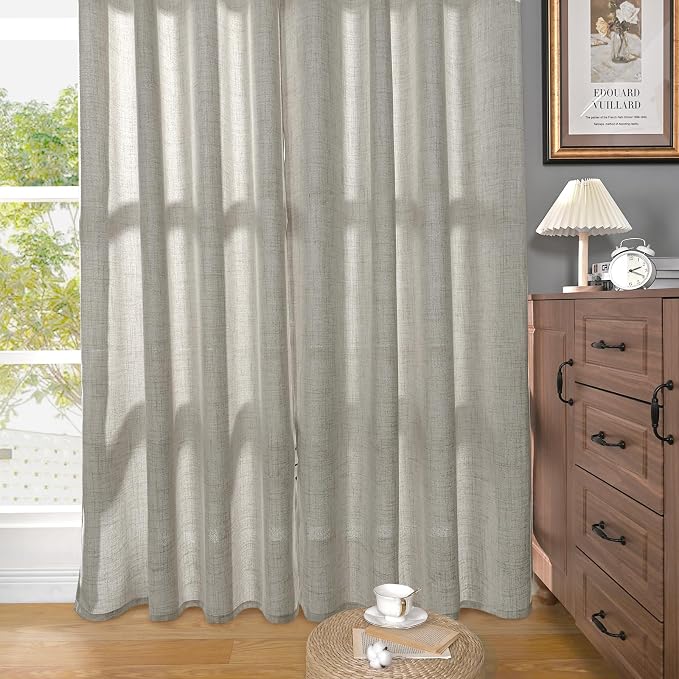 YoungsTex Linen Curtains 90 Inch Length for Living Room, Dark Grey Light Filtering Drapes with Bronze Grommet for Bedroom Dining Room, 2 Panels, 52 X 90 Inch