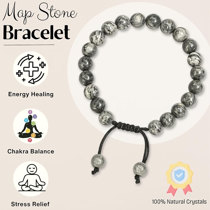 Amazing Gemstone Map Stone Bracelet for Women Men's Gifts - Protection Healing Crystal Bracelet - 8mm Gemstones Beaded Adjustable Bracelet Pulseras para Hombres Mujer Stocking Stuffers