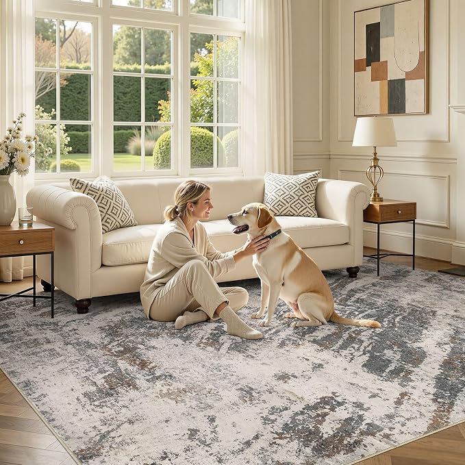 DMOYEST Area Rug Living Room Rugs - 10x14 Large Soft Indoor Neutral Modern Abstract Low Pile Washable Rug Carpet for Bedroom Dining Room Farmhouse Home Office-Dark Brown/Grey