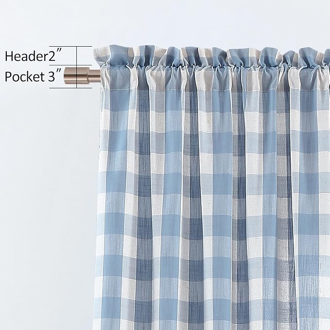Beige-Dusty Blue Buffalo Check Curtains 95 Inches Length | Farmhouse Semi Sheer Drapes 8 FT Bedroom Living Room,Buffalo Plaid Window Treatment,Rod Pocket,Yarn Dyed Fabric,40"Wx95"Lx2
