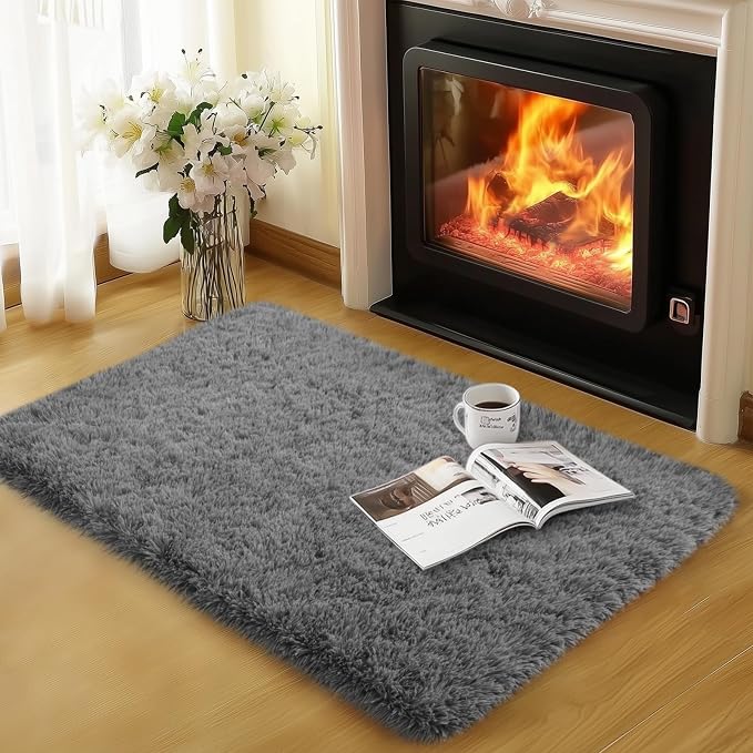qulint 2x3 Small Rug for Bedroom, Dark Grey Shag Fuzzy Rug for Living Room | Shaggy Boys Room Rug, Plush Fluffy Modern Alfombras for Nursery Dorm Kid Room Classroom Home Decor