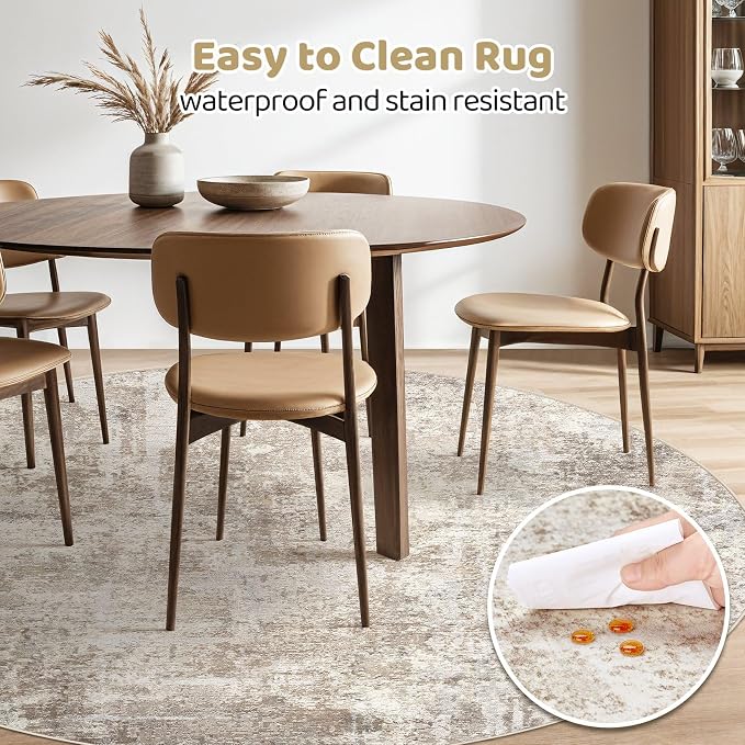 7ft Round Rug Living Room Rugs: 7x7 Washable Circle Large Abstract Modern Soft Stain Resistant Non-Slip Indoor Floor Carpet for Bedroom Nursery Office Dining Room Playroom Home House- Beige Brown