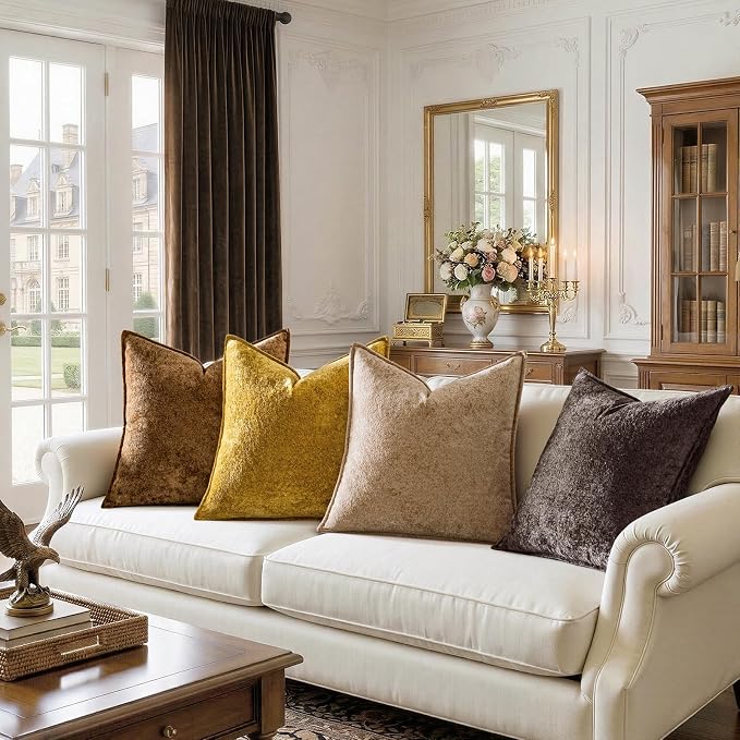 a moment Throw Pillow Covers 20X20 Inch 4 Packs,Soft Velvet Decorative Pillow Cases with 3D Ice Flower,Texture Modern Accent Cushion Covers for Sofa Couch Home Decor Dusty Gold