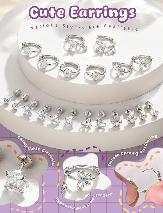 Hypoallergenic Screw Back Earrings for Girls Women - Surgical Steel 14K Gold Silver Plated Cute Toddler Little Girl Kids Earrings for Sensitive Ears Heart CZ Flower Stud Hoop Earring Sets 10 Pairs