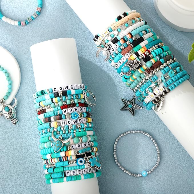 Landical 64 Pcs Western Cowgirl Bracelets Set Summer Turquoise Beaded Bracelet Bohemia Charm Natural Stackable Beach Western Jewelry for Women Goody Bag Fillers Party Favors Packs