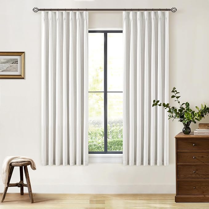 Beige White 63 Inch Length Blackout Pinch Pleated Linen Curtains with Liner | Memory Trained, 100% Black Out, Thermal Insulated, UV Blocking, Noise Reduce Curtains for Small Window Bedroom 2 Panels 40x63