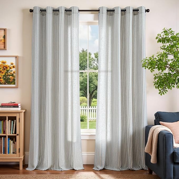 Vangao Linen Striped Curtains for Living Room Bedroom Farmhouse Tickingstripe Light Filtering Window Curtains Printed Drapes Grommet Top 2 Panels Blue W50 x L108