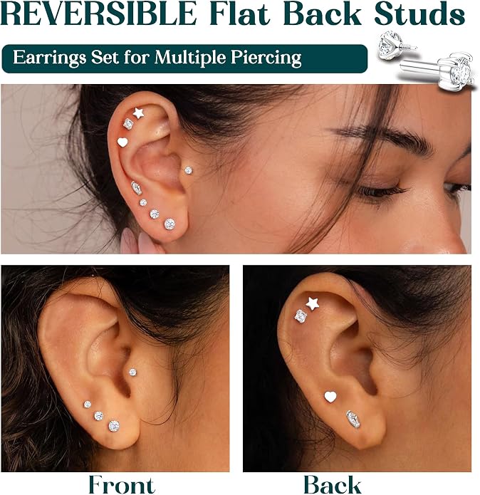 GEMQUEEN Reversible Flat Back Earrings Studs Hypoallergenic - 14K Gold Filled Surgical Steel Earring 18G Cartilage Helix Tragus Conch Piercing Jewelry Extended Internal Thread Earrings for Women Men