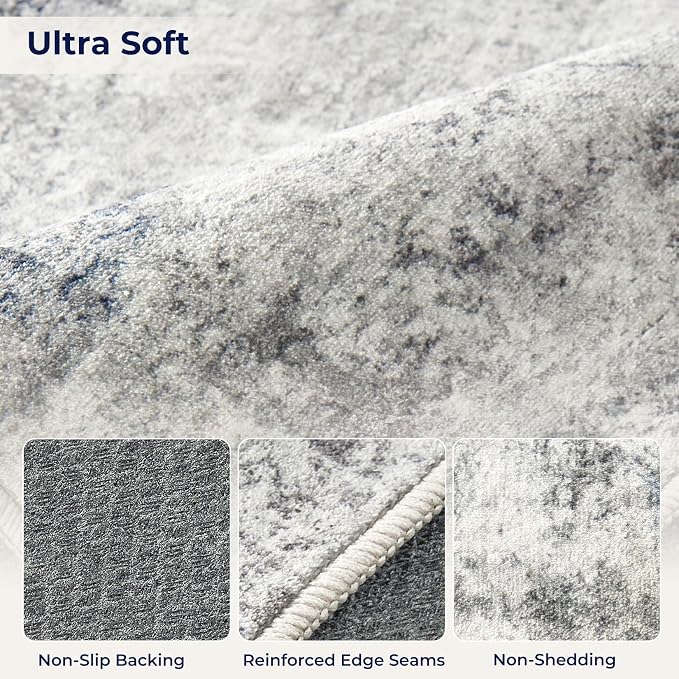 DMOYEST 10x14 Area Rug for Living Room, Washable & Non Slip Large Indoor Carpet, Kid & Pet Friendly Soft Thin Low Pile Abstract Rug for Bedroom and Office - Grey Blue