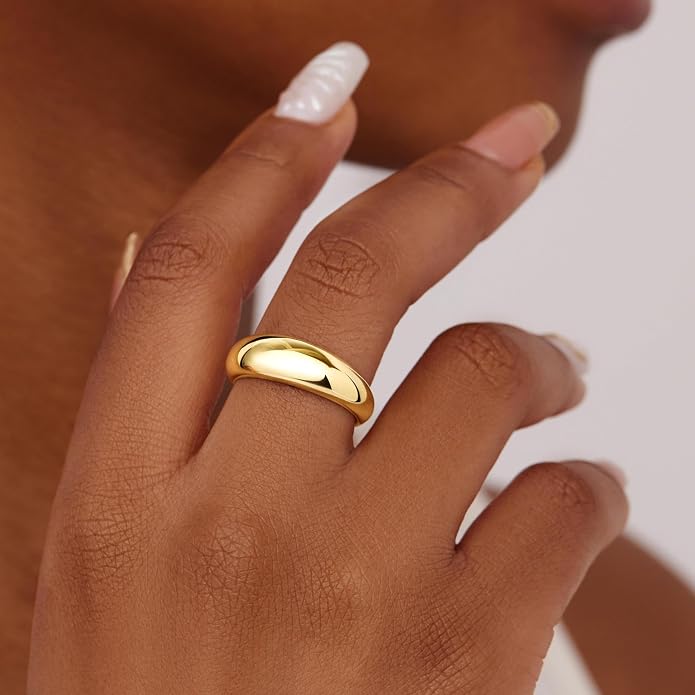 Non Tarnish Gold Chunky Rings for Women, 14K Gold Plated Statement Dome Rings Stacking Silver, Adjustable Mens Eternity Wedding Band Mixed Metal Jewelry Size 3-13