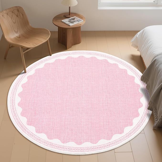 4ft Scalloped Round Rug Pink Washable Living Room Bedroom Area Rug | Small Solid Rug for Bedroom Girls, Non Slip Scalloped Round Bath Mat, Soft Dorm Nursery Carpet for Bedside