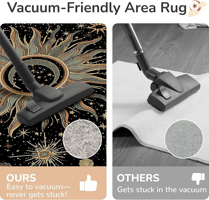 Vacuum-Friendly, 2x10 Washable Area Rug, Black Green Beige | Sun and Moon Boho Gothic Non-Slip Low Pile Living Roon Bedroom Dining Room Kitchen Entry Entryway Entrance Hallway Doormat