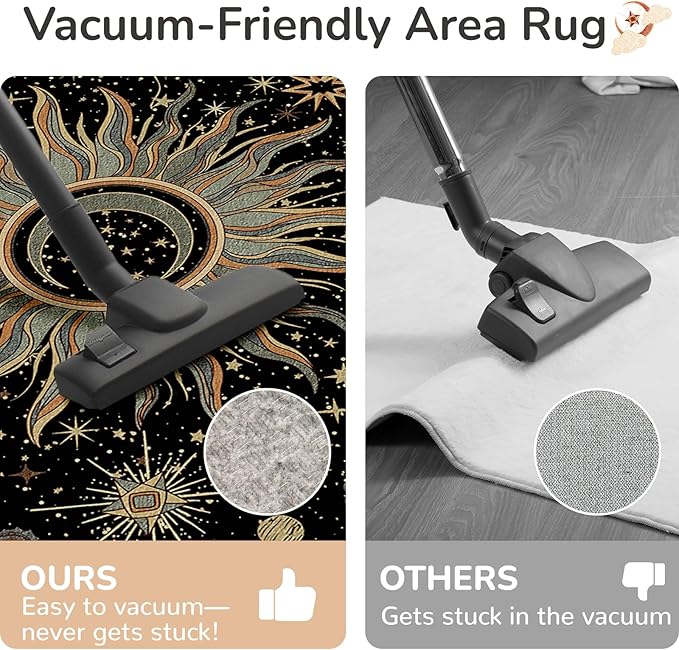 Vacuum-Friendly, 6x9 Washable Area Rug, Black Green Beige | Sun and Moon Boho Gothic Non-Slip Low Pile Living Roon Bedroom Dining Room Kitchen Entry Entryway Entrance Hallway Doormat