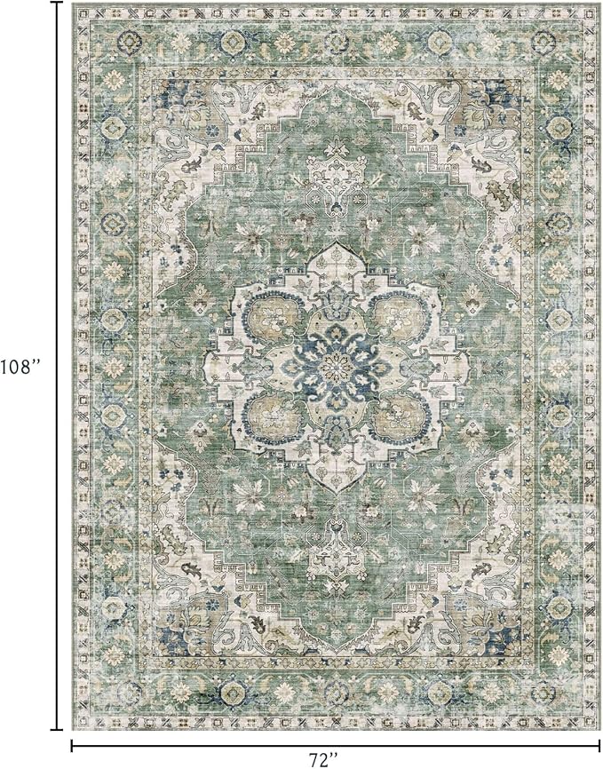 LUXRUG 6x9 Area Rug for Living Room - Large Oriental Washable Rugs for Bedroom Non-Slip Sage Green Medallion Dining Room Rug Farmhouse Low-Pile Carpet Soft Vintage Bedroom Rug for Bedside Guest Room