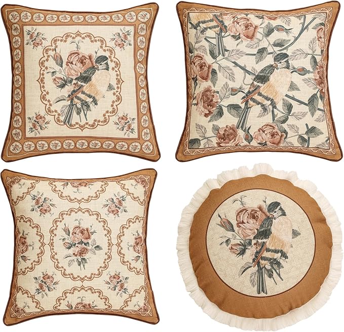 patdrea French Vintage Linen Throw Pillow Cover,Set of 4-ParkerEstate | Decorative Pillow Case with Zipper,Bird and Floral Pattern,Cushion Coverfor Couch Living Room Bedroom Sofa