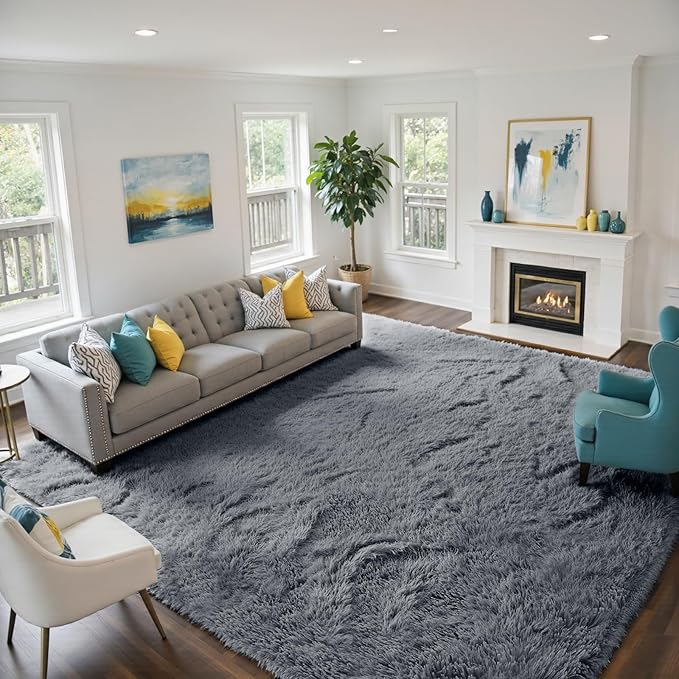 yongyangjuxin Fluffy Rug Shag Area Rug, Grey 9x12 Area Rugs for Living Room, Large Shag Area Rugs for Bedroom Room Home Decor, Upgrade Anti-Skid Rectangular Fuzzy Rugs
