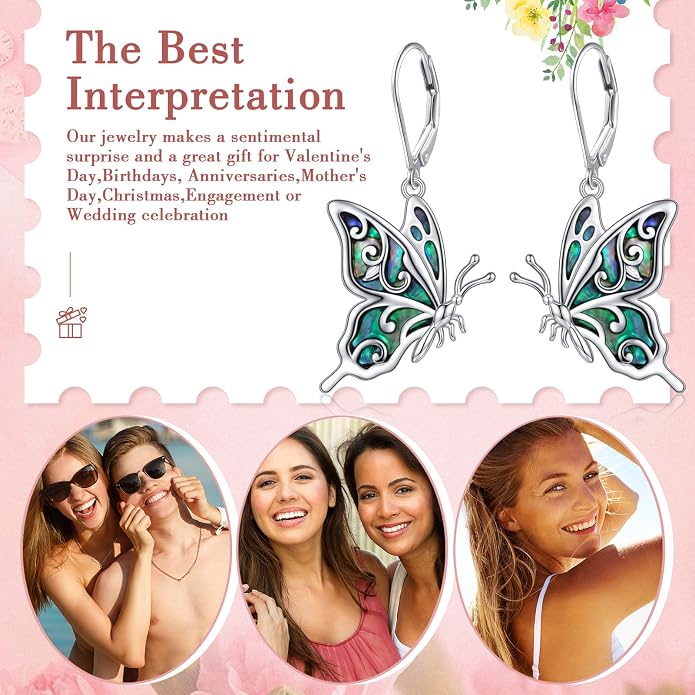 925 Sterling Silver Butterfly Abalone Shell Dangle Earrings for Women Animal Butterfly Drop Earring Jewelry Gifts for Anniversary Birthday Christmas Thanksgiving Mother‘s Day