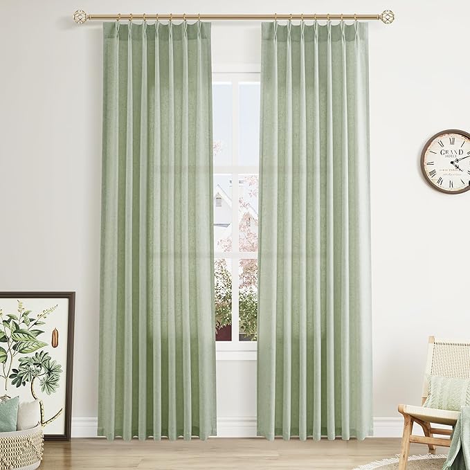 Aersas Mist Sage Pinch Pleated Linen Curtains 84 Inch Length 2 Panels for Living Room Bedroom Semi Sheer Window Curtain Boho Neutral Back Tab Pinch Pleat Drape with Hooks 40x84