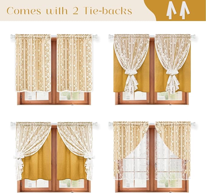 ASPMIZ Linen Kitchen Curtains Double Layer Kitchen Window Curtains Over Sink 36 Inch Mustard Yellow Tier Curtain Light Filtering Rod Pocket Cafe Curtain Short Window Treatments with 2 Tiebacks, 26x36