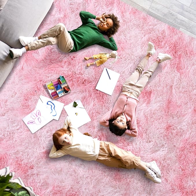 Dssimo Pink and White Rug for Living Room Bedroom,9x12 Soft Shaggy Area Rug | Upgrade Non-Slip Large Pink Fuzzy Rug for Girls Nursery Kids Room Dorm Room Home Decor, Indoor Plush Floor Carpet