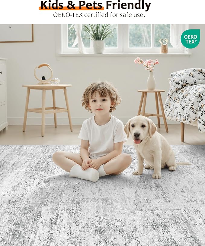 Art&Tuft Washable Rugs 8x10, Anti-Slip Backing Abstract 8x10 Area Rugs for Living Room, Stain Resistant Foldable Machine Washable Area Rug(8'x10', 01-Grey)