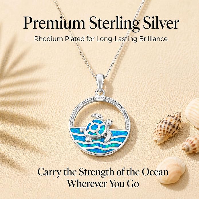 Created Blue Opal Ocean Necklace for Women, 925 Sterling Silver Pendant, 18 Inch Chain, Beach and Sea Life Jewelry Collection