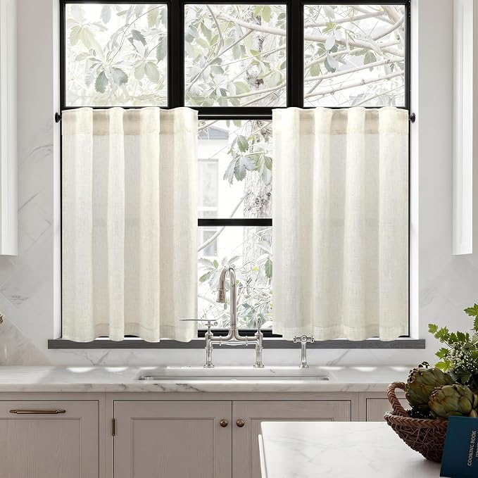 Pitalk Cream Linen Semi Sheer Curtains 34 x 36 Inch Length 2 Panels Lightweight Light Filtering Back Tab Rod Pocket Neutral Cafe Curtains for Kitchen Bathroom Small Half Window Loft Room RV Campers