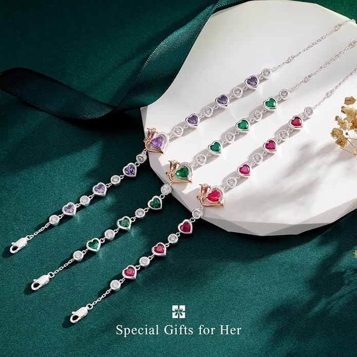 Iefil Birthstone Bracelets for Women - 925 Sterling Silver Rose Heart Charm Bracelets, Anniversary Birthday Gifts for Women Wife Mom Girlfriend Daughter, 6"+2"