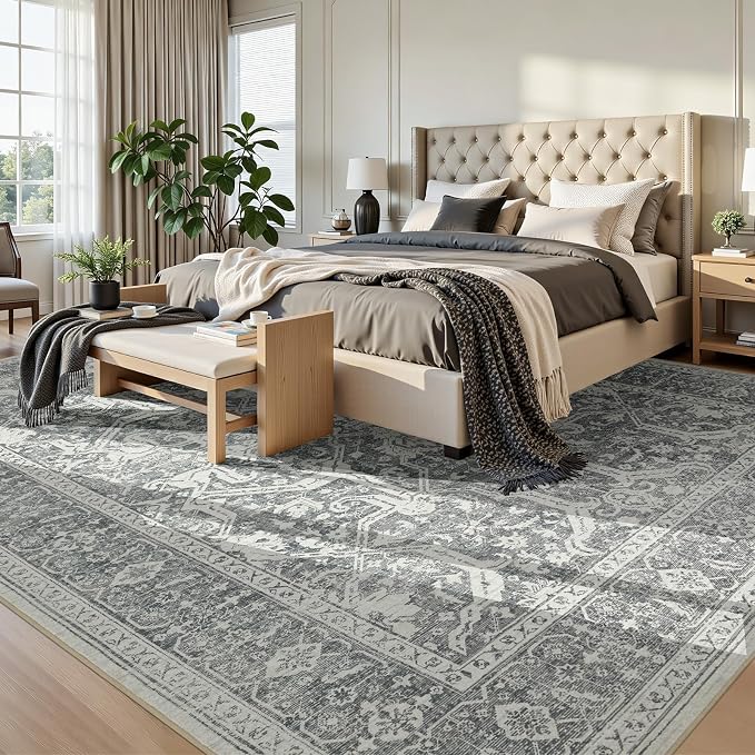 Joydeco 8x10 Area Rugs for Living Room, Non Slip Machine Washable Vintage Rug, Low Pile Thin Chenille Print Rugs for Bedroom, Dining Room, Pet & Child Friendly, Home Office, Light Gray&Dark Gray&White