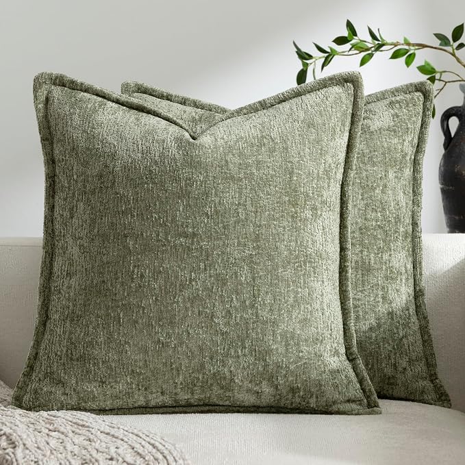 DEZENE Pack of 2 Sage Green Christmas Decorative Throw Pillow Covers 16x16 Cozy Soft Chenille Accent Vintage Square Couch Pillow Covers for Home Decor Bed Sofa Living Room
