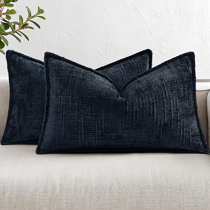 decorUhome Chenille Throw Pillow Covers 12x20 Set of 2,Midnight Blue | Soft Texture, Slubby Modern Design, Flange Edges, Cozy Lumbar Accent Pillow Covers for Couch, Sofa, Bed, Living Room