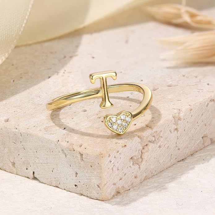 MILACOLATO 925 Sterling Silver Initial Rings for Women Teen Girl 18K Gold Plated Heart Initial Rings Adjustable Capital Letter Ring Stackable Thumb Pinky Rings for Daughter Birthday Bridesmaid Gifts Jewelry, A to Z