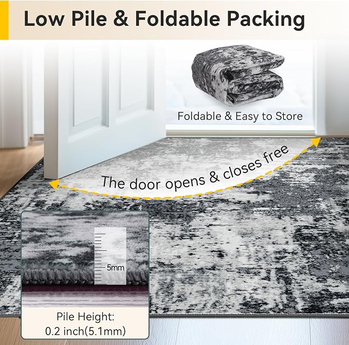 RELEANY Washable Area Rugs 2x9 Non-Slip Modern Abstract Soft for Living Room Entryway Bedroom Kitchen, Print Pattern, Black Navy Blue Gray