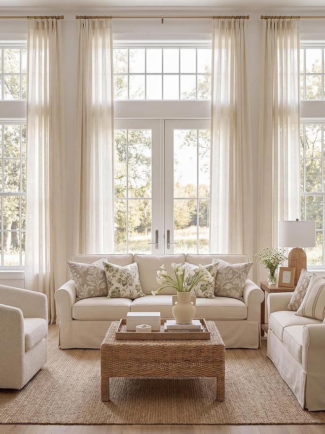 Liz Pinch Pleated Linen Curtains 92 Inches Long - Light Filtering Curtains for Living Room, Semi Sheer Window Curtains for Bedroom, Luxury Pinch Pleated Drapes with Hooks, Natural, 2 Panels Set