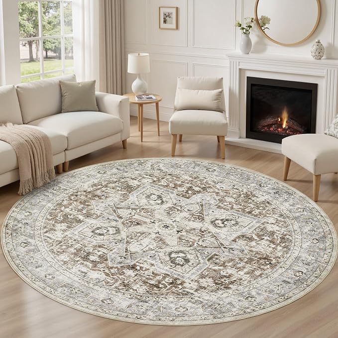 Tortania 7' Round Area Rug Living Room Rugs - Washable Boho Rug Vintage Oriental Distressed Farmhouse Large Thin Indoor Carpet for Bedroom Under Dining Table Home Office - Brown Blue