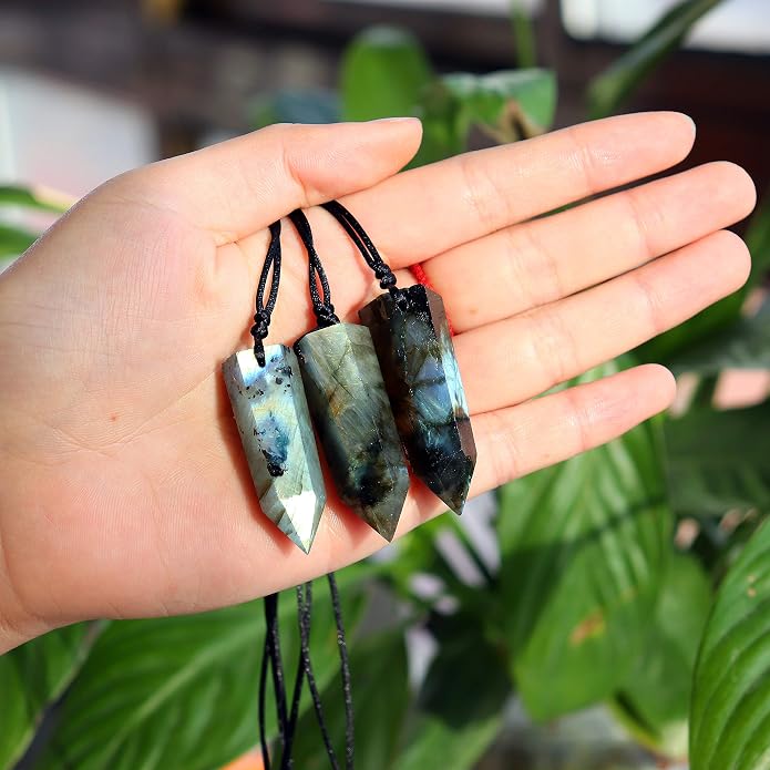 Runyangshi Healing Crystal Pendants, Single Pointed Natural Crystal Quartz Necklace 6 Faceted Chakra Crystal Wand Stone Reiki Energy
