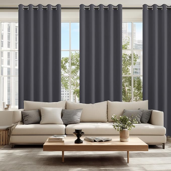 Hiasan Blackout Curtains for Bedroom, 60 x 84 Inches Long - Thermal Insulated & Light Blocking Window Curtains for Living Room, 2 Drape Panels Sewn with Tiebacks, Dark Grey