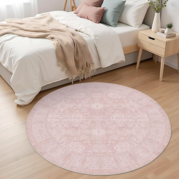 Round 6Ft Washable Area Rug, Pink | Vintage, Non Slip Boho Carpet, Non-Shedding Circle Rug, Soft Indoor Stain Resistant, Floral Print Girl Kids Nursery