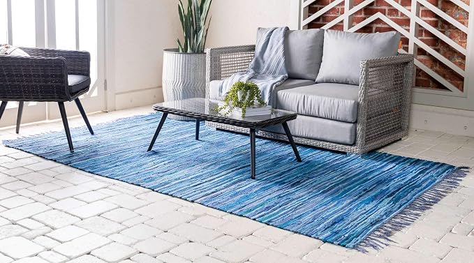 Unique Loom Chindi Cotton Collection Soft Hand Woven Natural Fiber Striped Area Rug, 8 ft x 10 ft, Navy Blue/Ivory