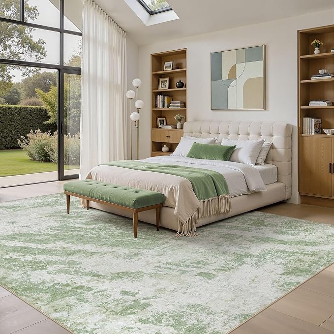 DMOYEST 8x11 Washable Area Rug: Abstract Modern Non-Slip Carpet, Soft Low Pile Indoor Neutral Easy Clean Floor Rugs for Living Room Bedroom Dining Room Kids & Pets - Green