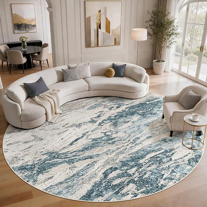 Area Rugs for Living Room: 10ft Round Abstract Washable Rug Modern Neutral Large Soft Stain Resistant Non-Slip for Bedroom Dining Room Indoor Home Office Carpet - Blue Brown