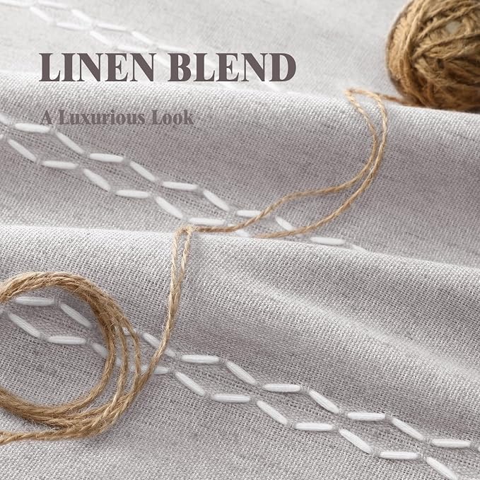 Grey Boho Blackout Curtains 2 Panels 84 Inch for Living Room Bedroom, Linen Texture Farmhouse Curtains with Tassels and White Cotton Embroidery Vintage Rustic Country Western