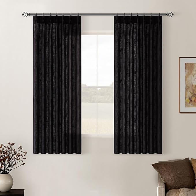 Black Pinch Pleated Linen Semi Sheer Curtains 45 Inch Length 2 Panels Set | for Kitchen Small Bay Window Basement, Pinch Pleated with Hooks Rings Back Tab, Memory Shape, Thick Linen Semi Sheer, W40xL45