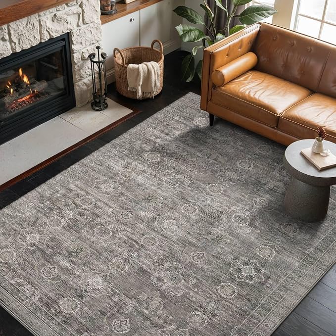 Rugxara 4x6 Area Rug for Living Room Bedroom Washable Rug, Taupe/Grey | Non Slip, Throw Rug for Entryway Dining Room Office Kids Room, Stain Resistant, Soft, Low Pile, Vintage Boho Retro Carpet