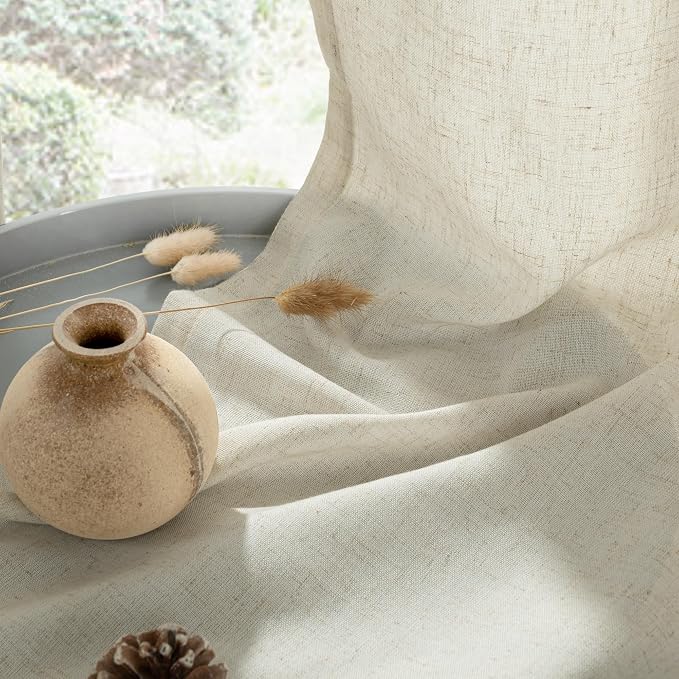 YoungsTex Beige Linen Curtains 45 Inch Length for Short Kitchen Window, Light Filtering Semi Sheer Drapes with Grommet Rustic for Cafe Bathroom Bedroom, 2 Panels, 52 X 45 Inch