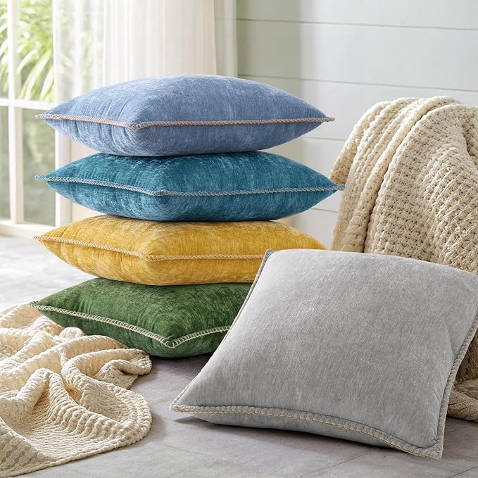 decorUhome Soft Chenille Throw Pillow Covers 22x22 Set of 2 Teal | Fall Textured Decorative Throw Pillow Cases Stitched Edge Modern Farmhouse Luxury Boho Velvet for Couch Sofa Bed Home Decor