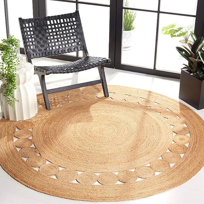 KEMA Jute Area Rug 6ft Round Natual Braided Dot Handwoven Rug Rustic Vintage Reversible Boho Area Rugs for Farmhouse, Living Room, Bedroom, Patio, Kitchen