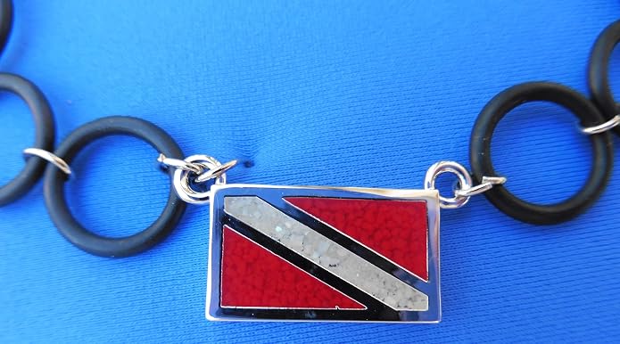 Dive Flag Anklet or Bracelet - Tarnish-Free Rhodium-Plated Bronze or Brass, with Inlay of Simulated Red Coral and Mother-of-Pearl Chips, with O-Ring "Chain" (7", 8" or 9") (9)